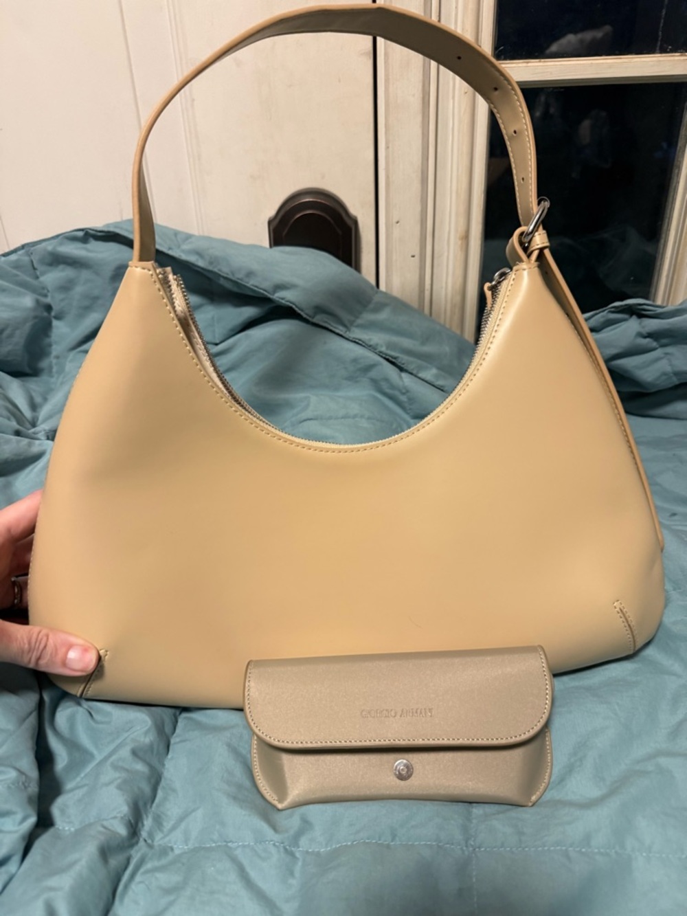 OAK + FORT Tan Leather Shoulder Bag with Matching sunglasses. Baddie bundle